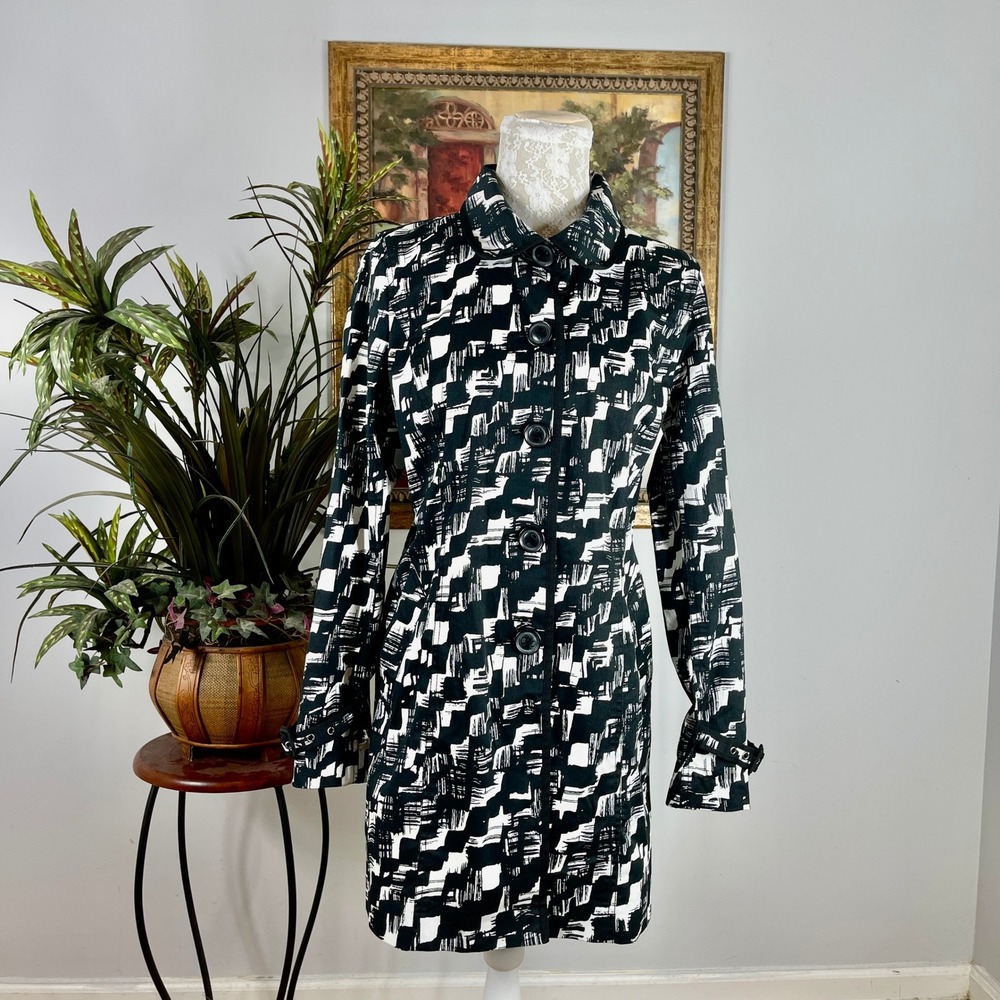 Madison Studio Trench Coat Womens Small Black White Cotton Abstract Geometric